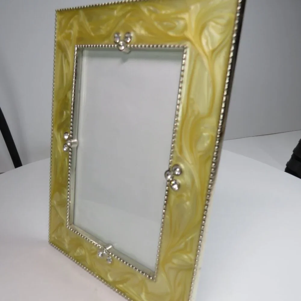 Marbled Cream Yellow Enamel METAL & Silver  Picture Frame w Rhinestone accents